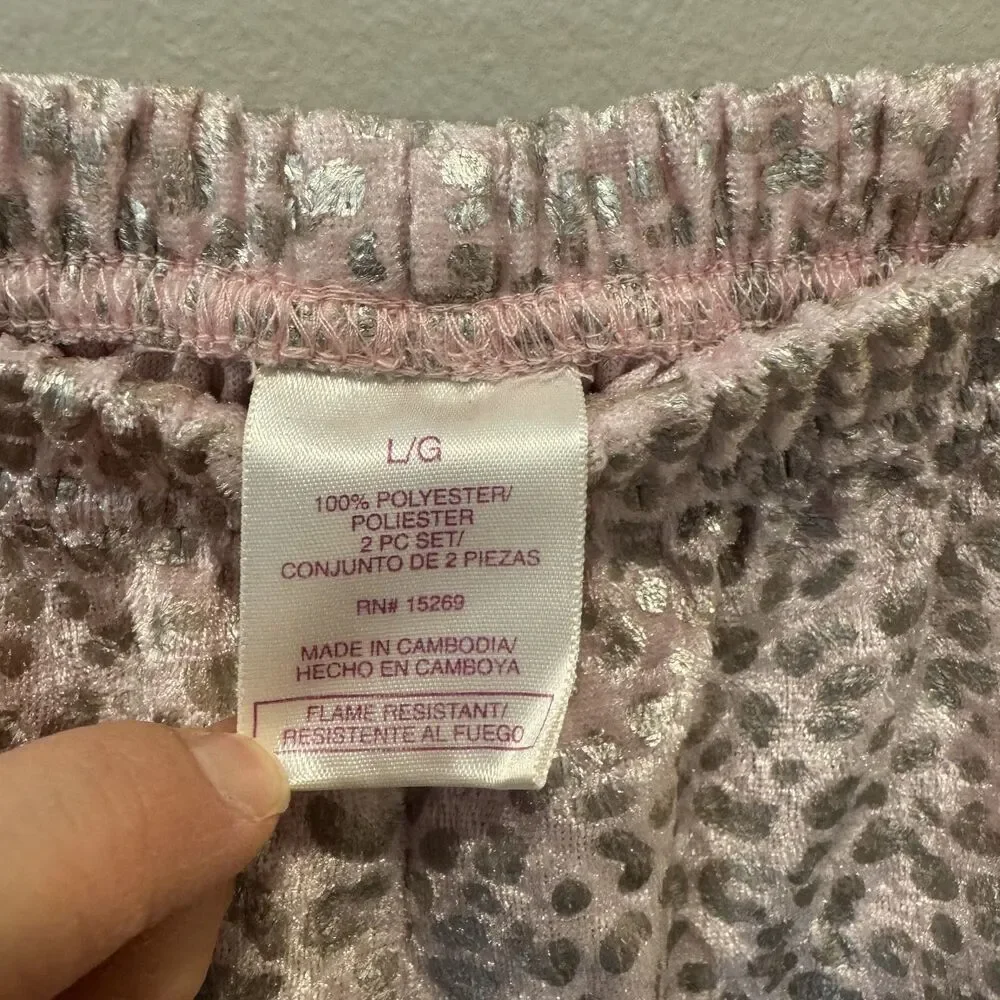 Vintage Y2K Total Girl Pajama Set Leopard Print Ruffle Pink Girls sz Large